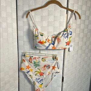 Old Navy White Bikini Set with Multicolor Tropical Motifs